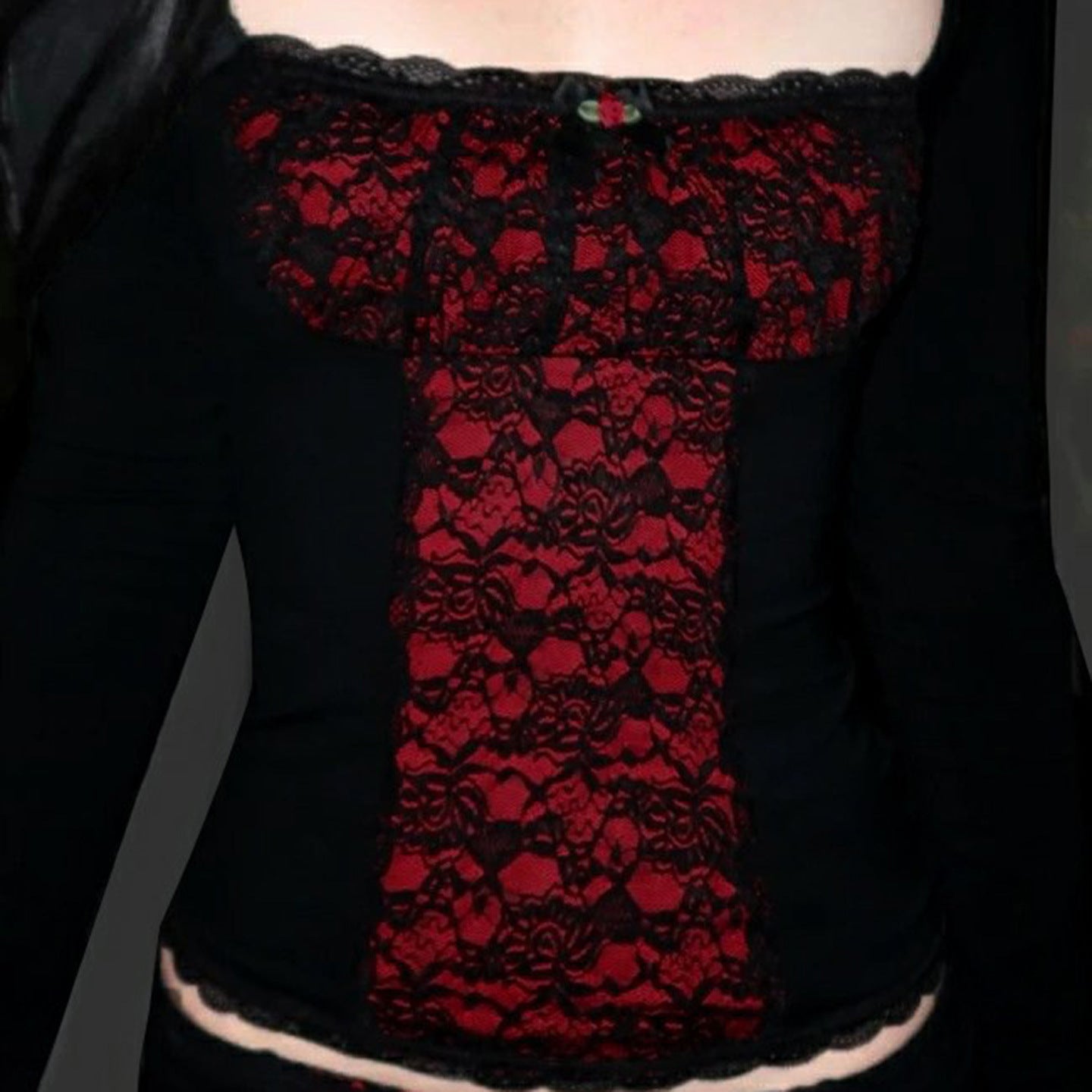 Lace-embellished Long-sleeve Blouse With Ruffled Trim