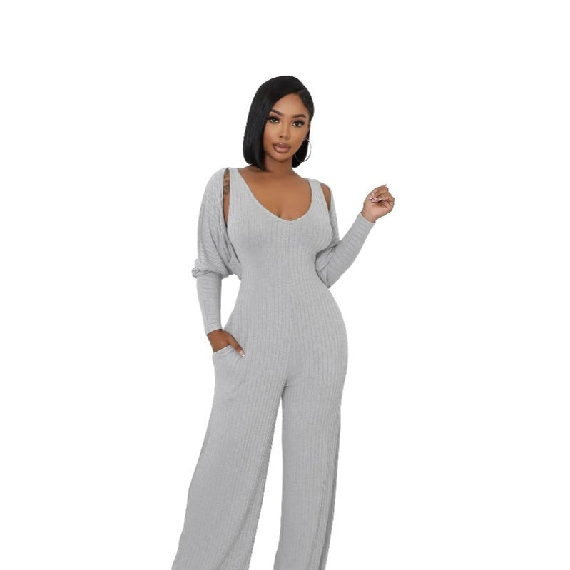 Women's High-stretch Ribbed Long-sleeve Jumpsuit Set