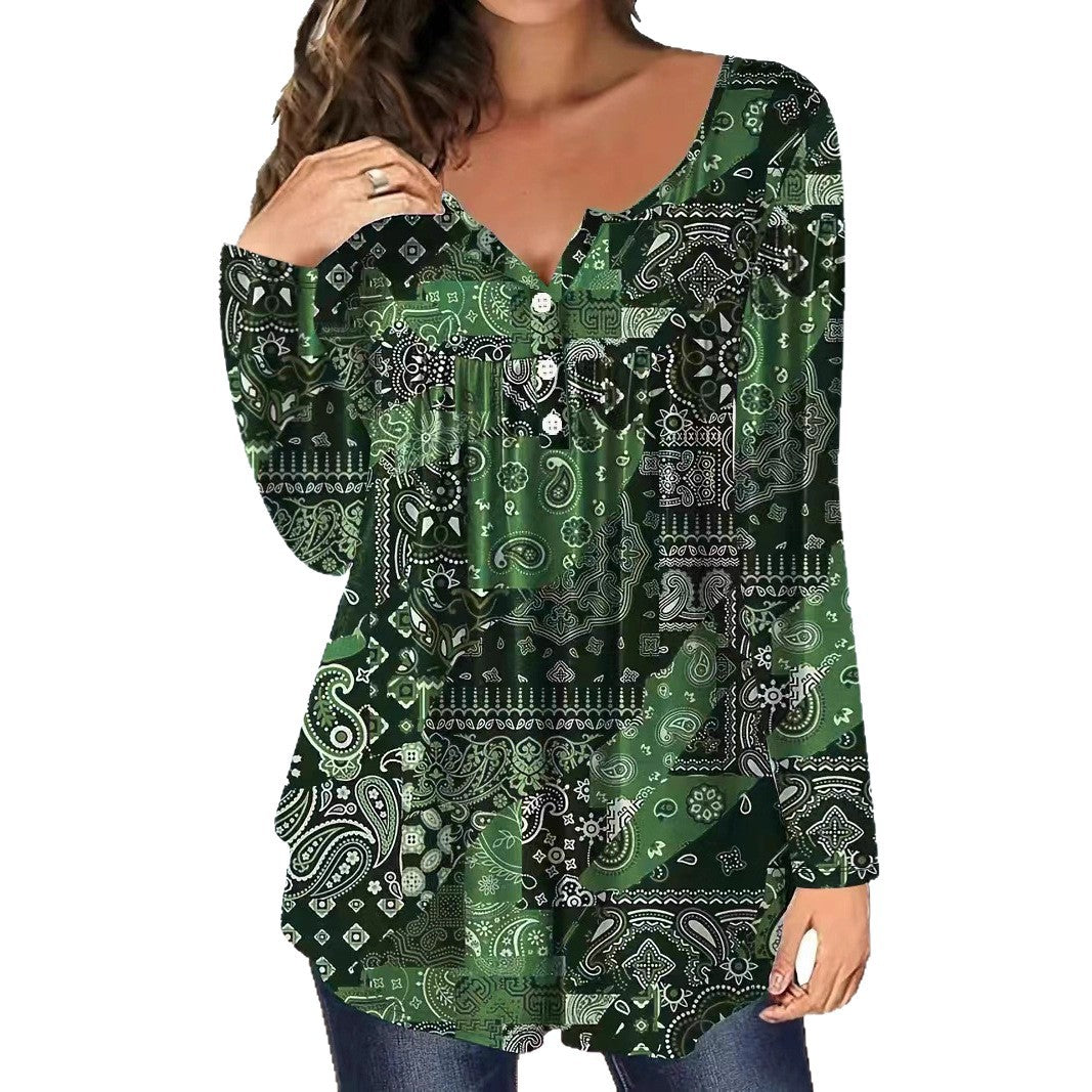 Loose-fit Buttoned V-neck Top Women's T-shirt