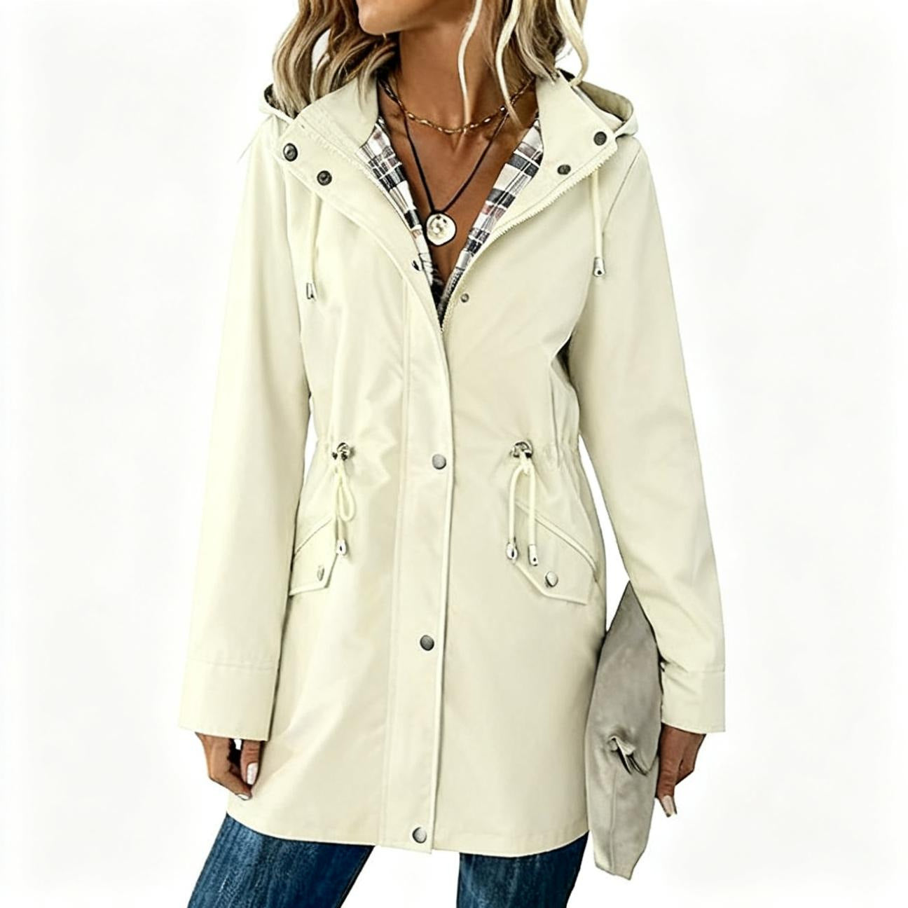 Ladies Hooded Drawstring Nipped-waist Plaid Coat