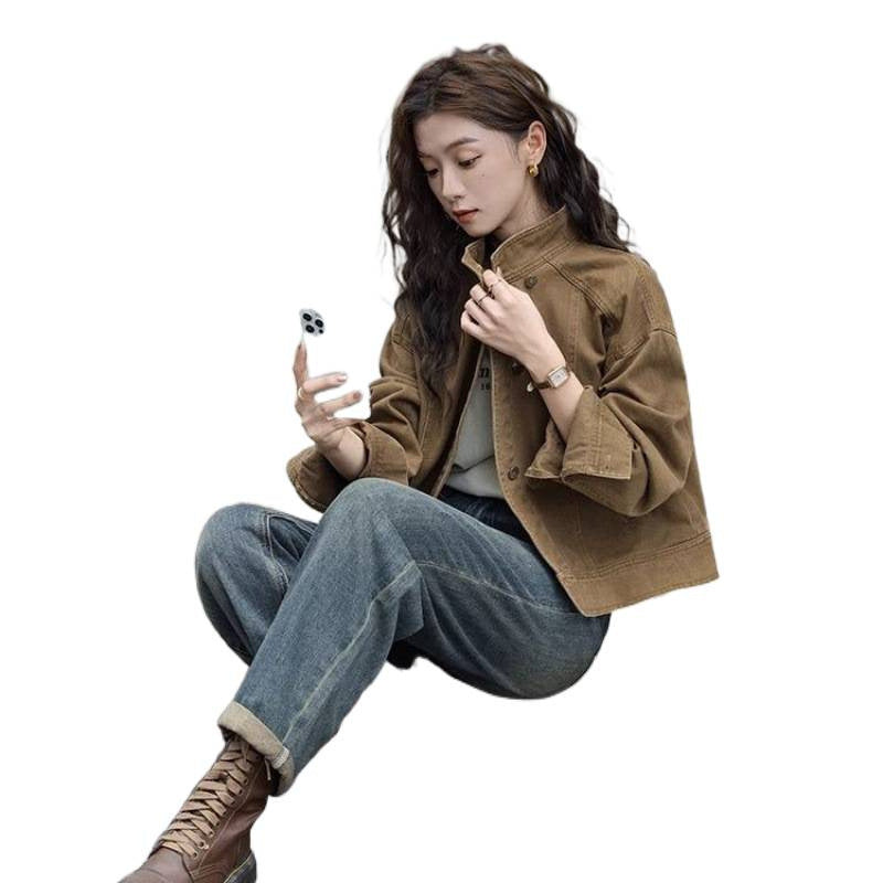 Korean Retro Stand-Collar Workwear Jacket For Women