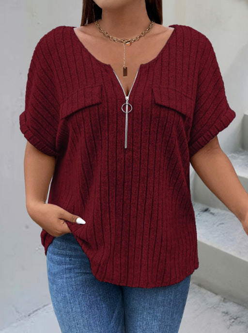 Zipper Short-sleeve Mock-pocket Pullover Loose-fit T-shirt