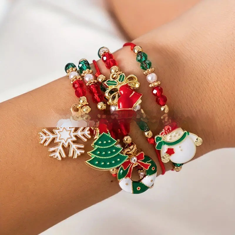 5-Piece Christmas Ribbon & Bead Bracelet Set With Tree, Bell, Snowflake, Wreath & Snowman