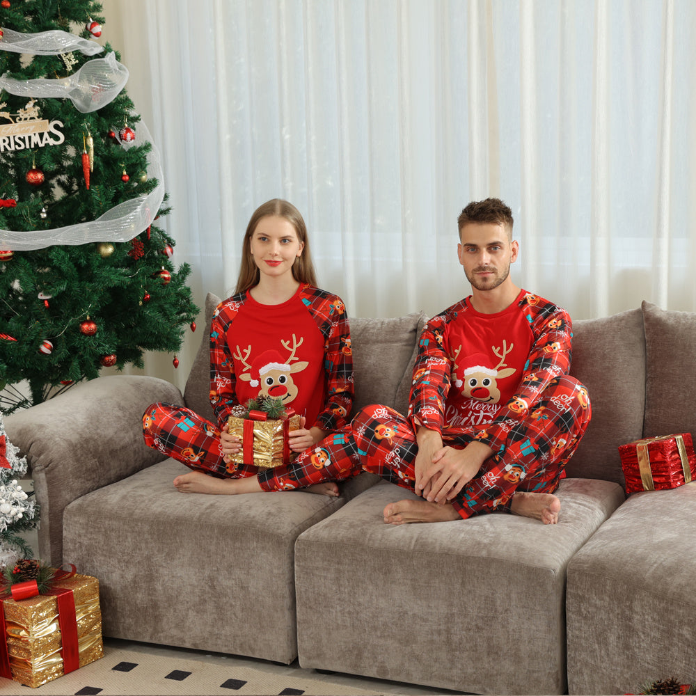 Merry Christmas Reindeer Red Plaid Matching Family Pajama Set