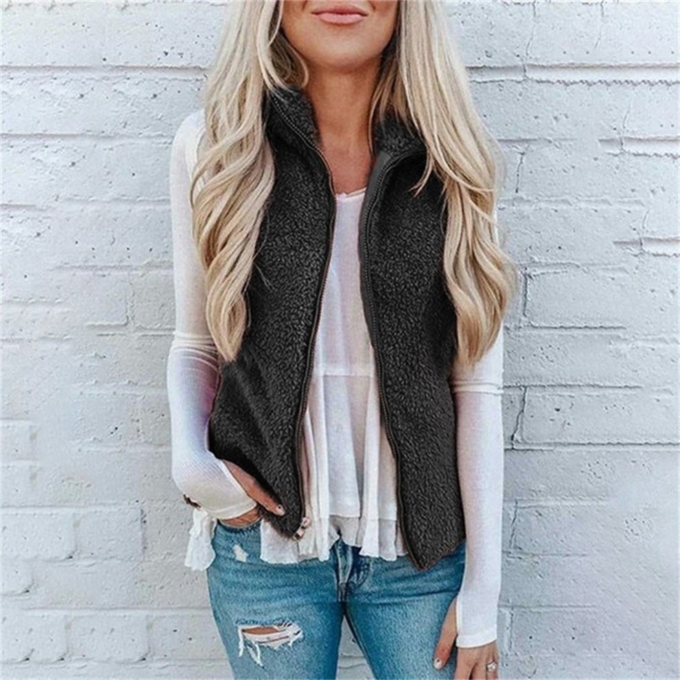 Women's Pocket Zipper Top Plush Vest