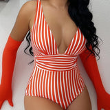 Women's One Piece Pinstripe Swimsuit with Low Cut Neck