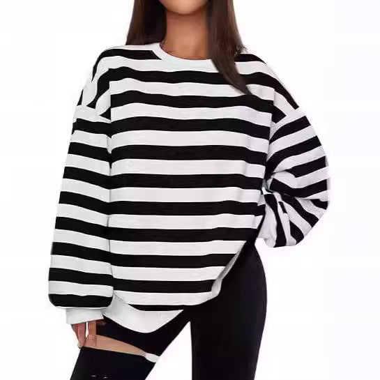 Women's Crew-neck Pullover Casual Striped Sweatshirt
