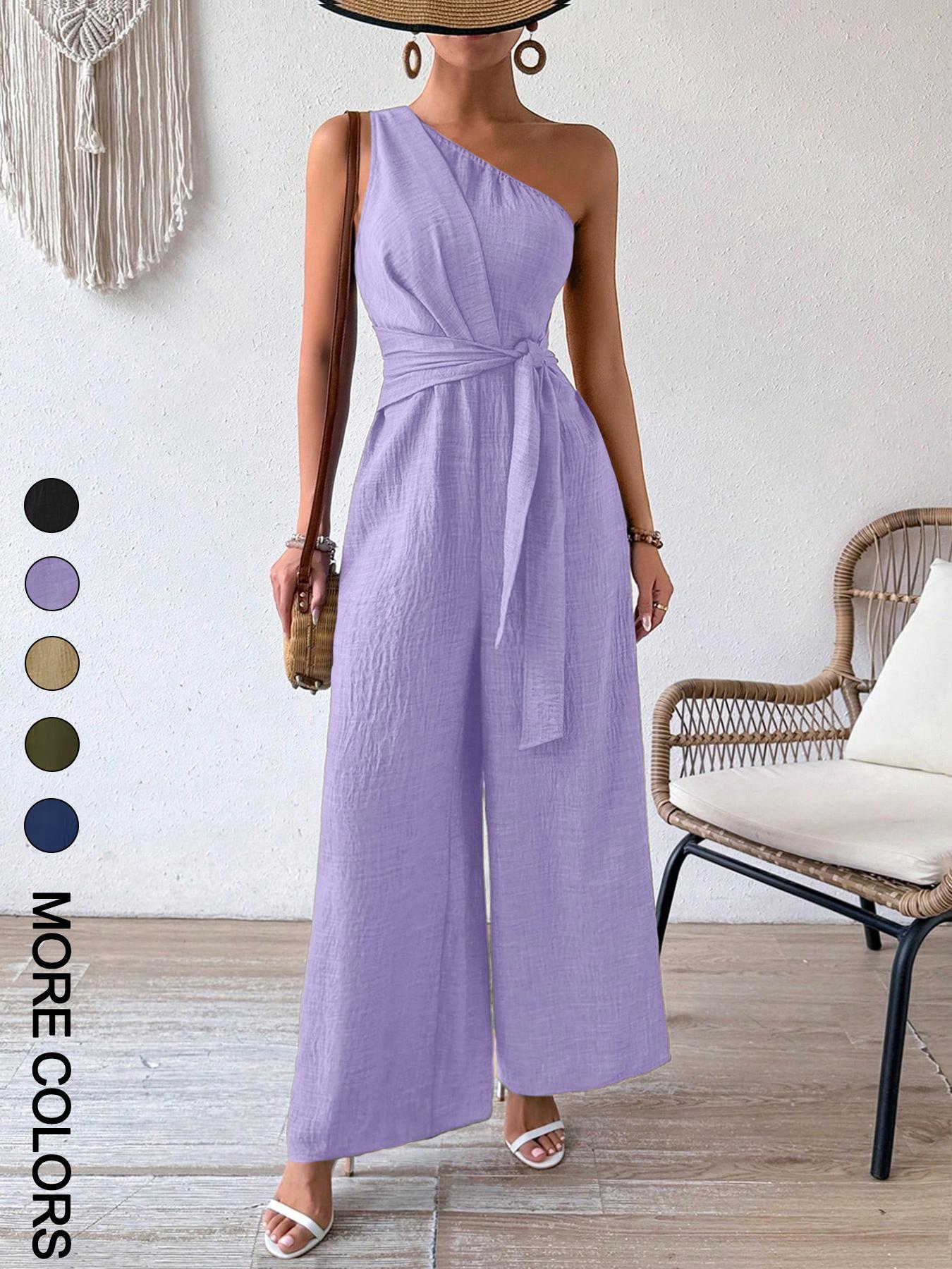 Women's Casual Wide-leg Jumpsuit With Shoulder Strap And Waist Tie
