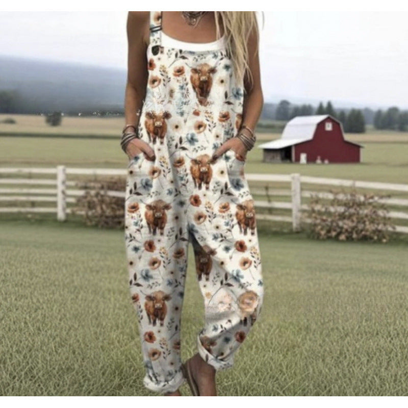 Women's Summer Digital Printing Button Casual Suspender Trousers