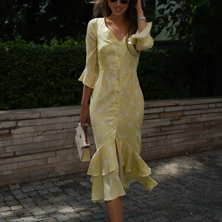 Asymmetric V-Neck Delicate Floral Dress with Breezy Flared Sleeves-Theone Apparel