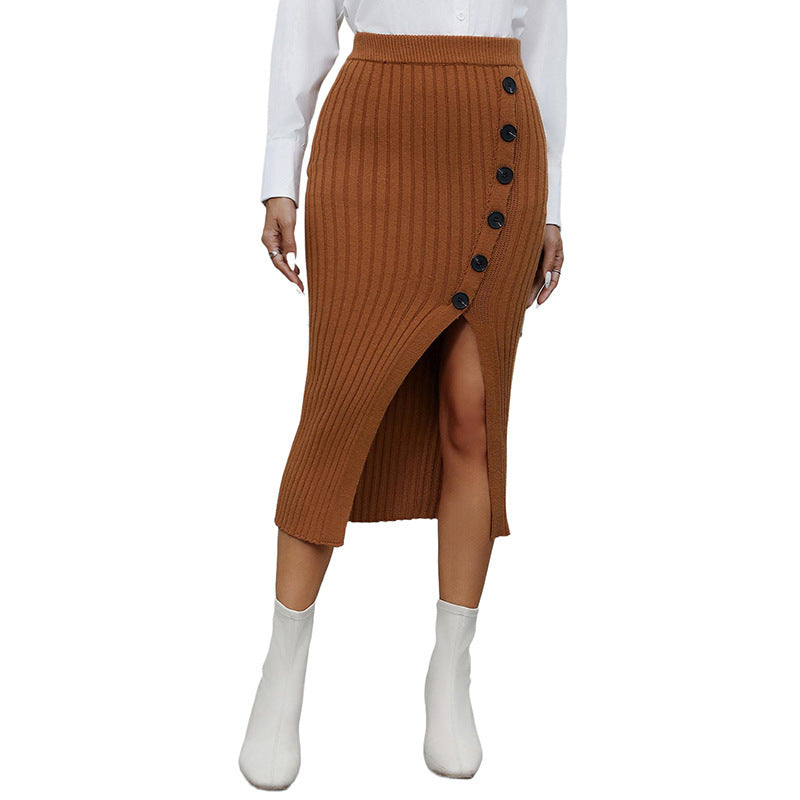 Button Knitted Slit Skirt For Casual Elegant Commuting-Theone Apparel