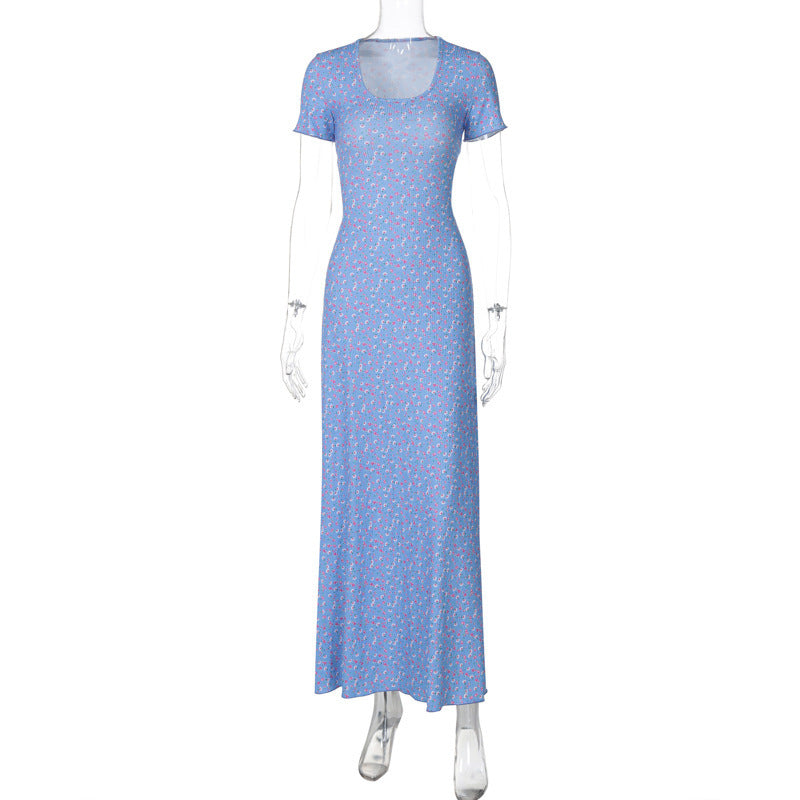 Chic U-Neck Printed Dress with Strappy Back and Short Sleeves-Theone Apparel