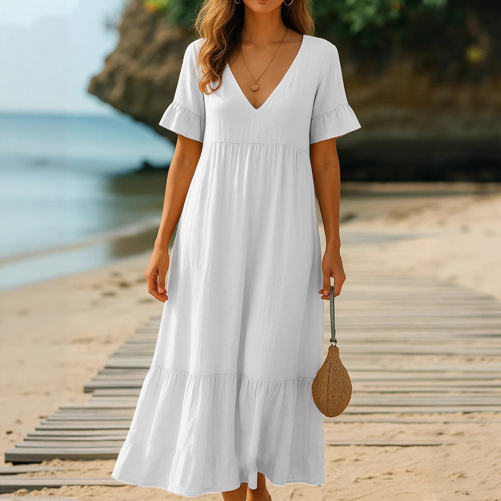 Chic V-Neck Solid-Color Dress with Multicolor Stitching Accents-Theone Apparel