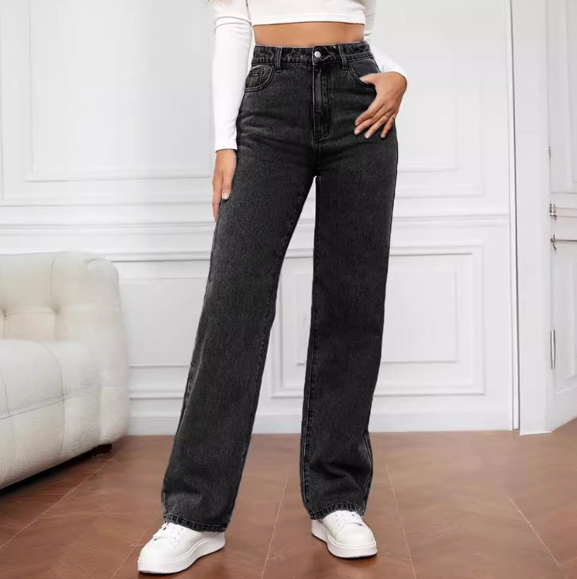 Classic High-Waisted Straight-Leg Jeans for Everyday Outfits-Black-Theone Apparel