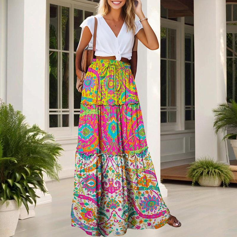 Color Block Floral Maxi Skirt With Elastic Drawstring Waist-Multicolor-Theone Apparel