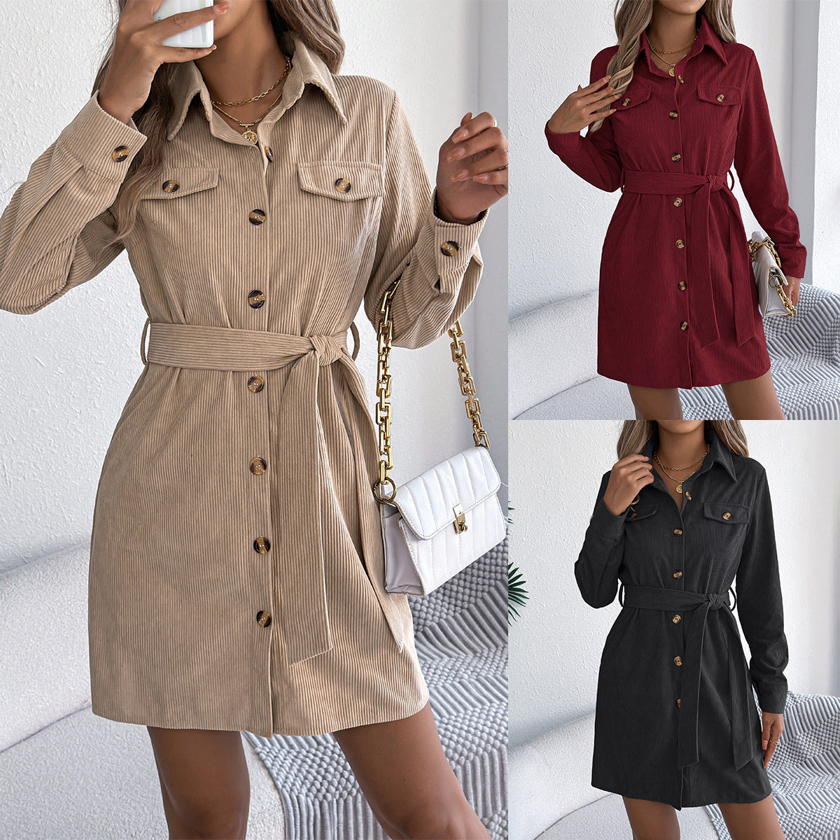 Cozy Corduroy Shirt-Dress with Lace-Up Detail and Single-Breasted Style-Theone Apparel