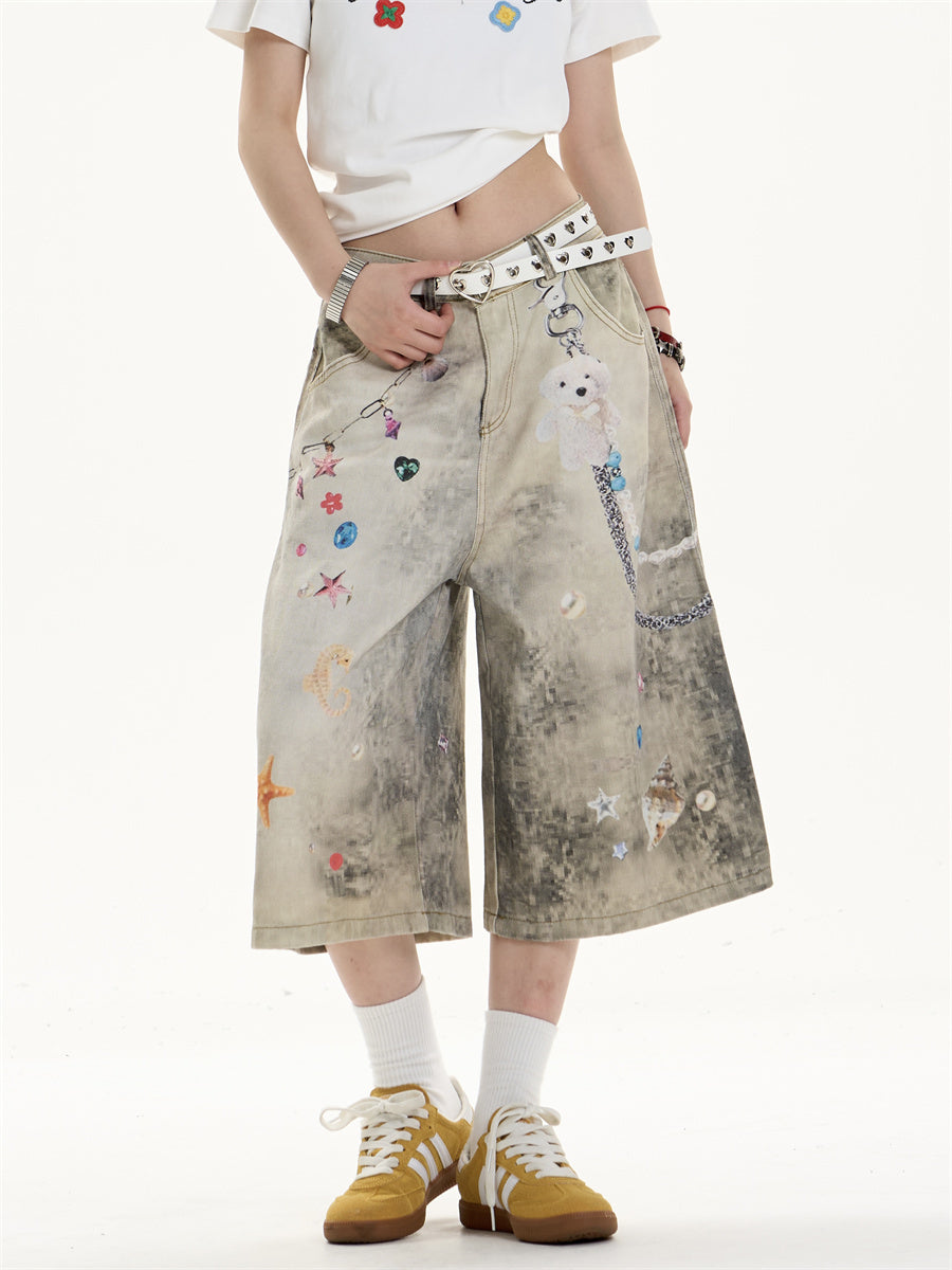 Creative Cropped Wide-Leg Jeans with Printed Art Flourish-Theone Apparel
