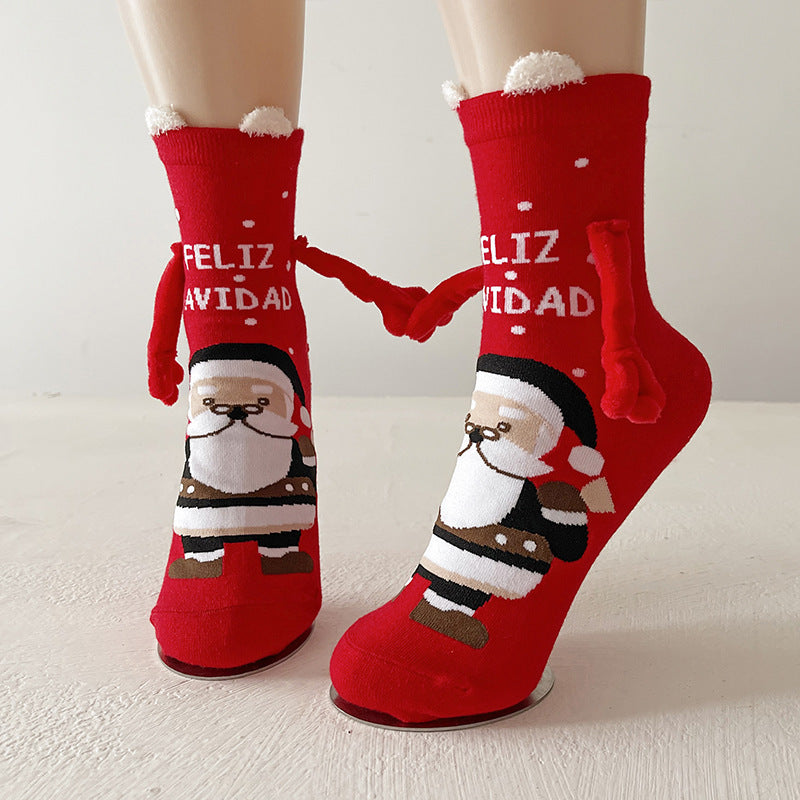 Cute Magnetic Hand Holding Christmas Themed Ankle Socks for Couples-Red Black Santa-Theone Apparel