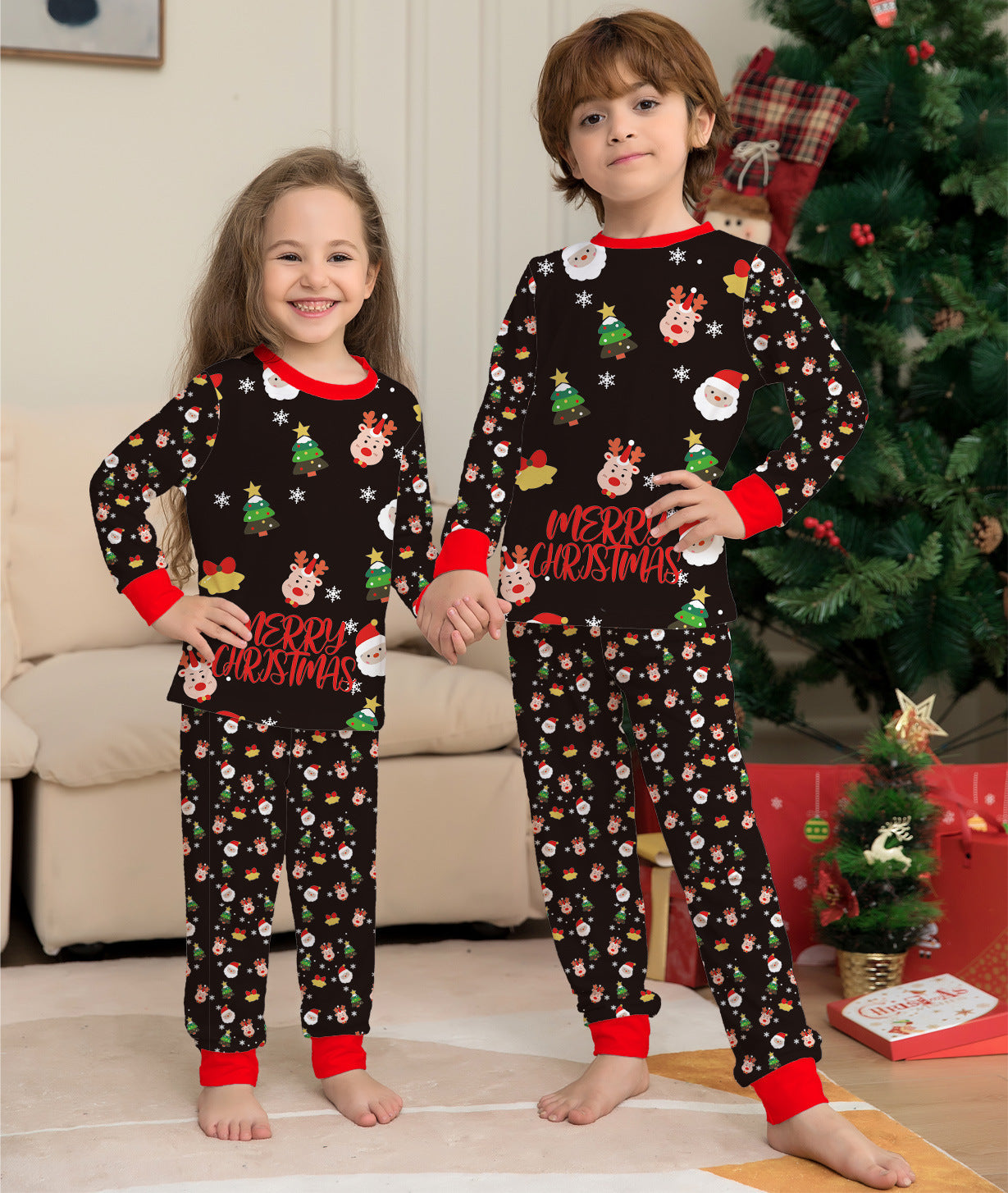 Cute Merry Christmas Red and Black Matching Family Pajama Set-Theone Apparel