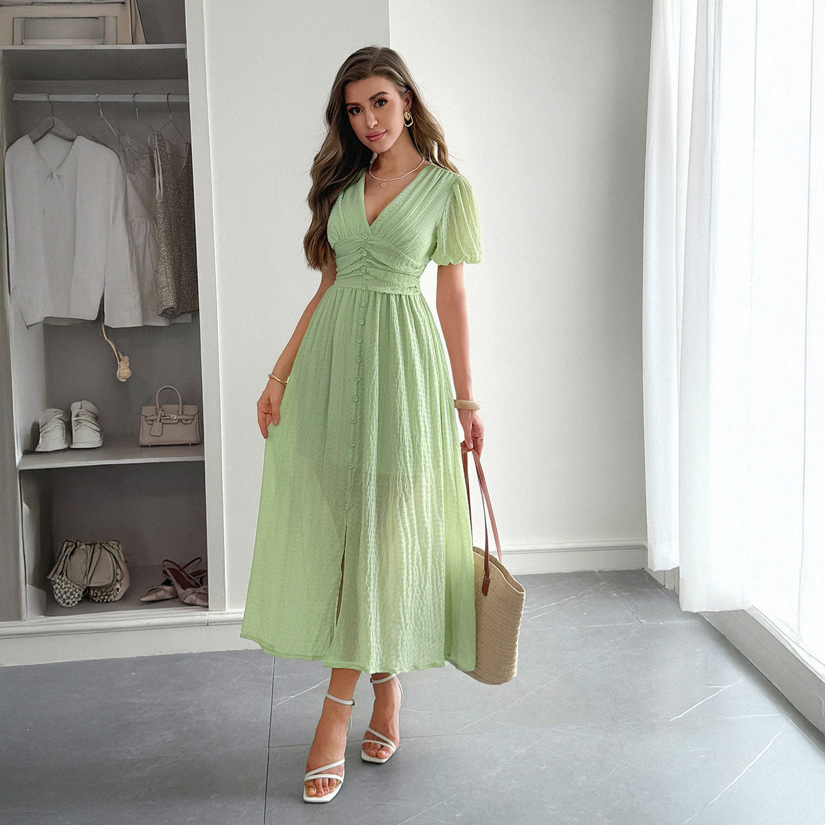 Deep V Short-Sleeve Maxi Dress with Elegant Vacation Flair-Green-Theone Apparel