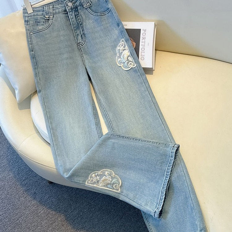 Embroidered Nine-Point Straight Jeans with Casual Craft Appeal-Blue-Theone Apparel