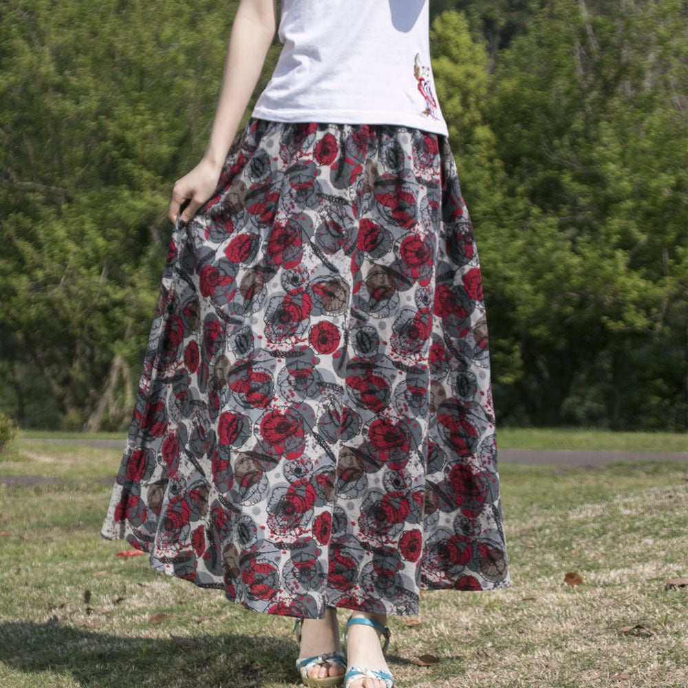 Ethnic Style Cotton Linen Swing Skirt With Elastic Waist-Black and Red-Theone Apparel