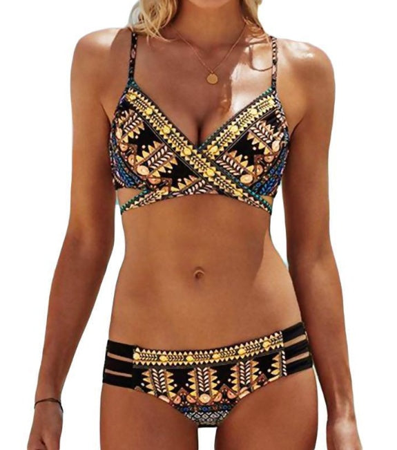Ethnic Style Cross-Strap Bikini with Bold Print Accents-Black with Gold Strips-Theone Apparel
