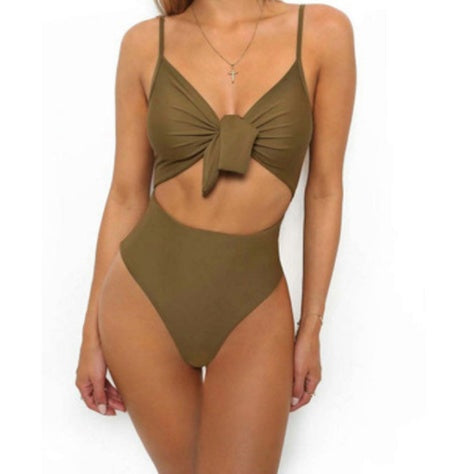 Explosion Model Tie-Knot One-Piece Swimsuit with Padded Chest Support-Army Green-Theone Apparel