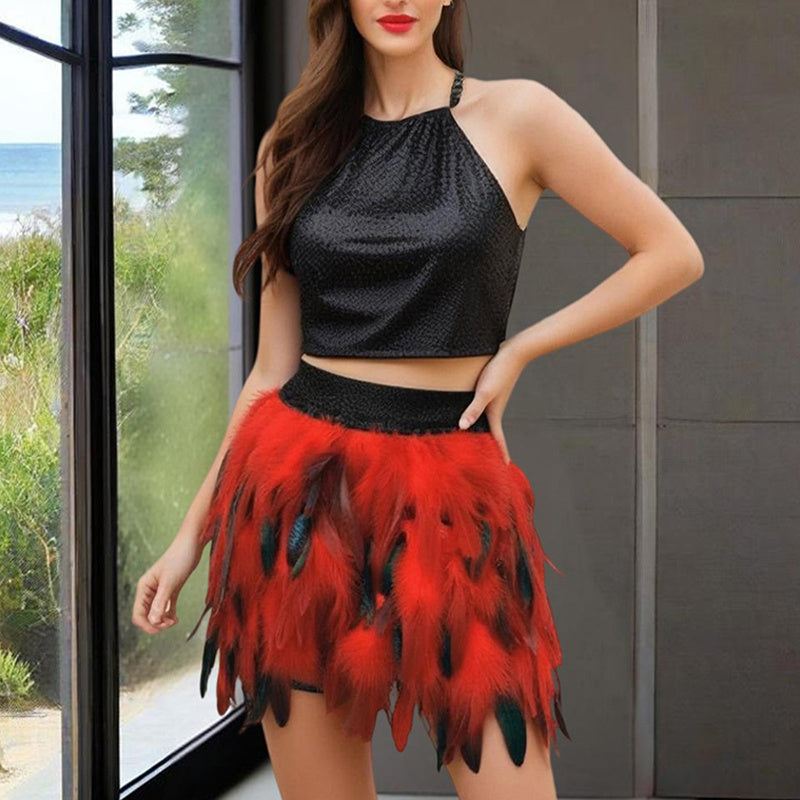 Faux Feather Asymmetrical Mini Skirt For Statement Nights-Theone Apparel