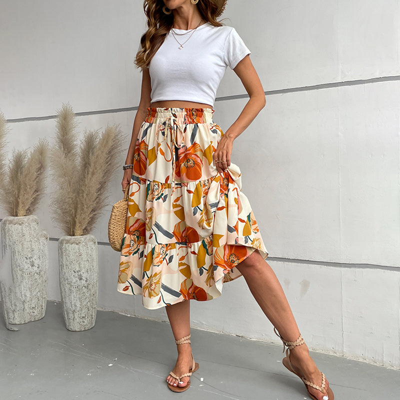 Floral Tiered Midi Skirt With Elastic Waist For Boho Charm-Multi Color-Theone Apparel