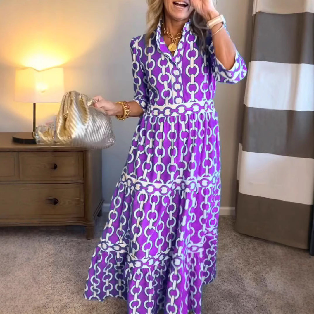 Geometric Print Maxi Dress with Round Neck for Spring & Summer-Purple-Theone Apparel