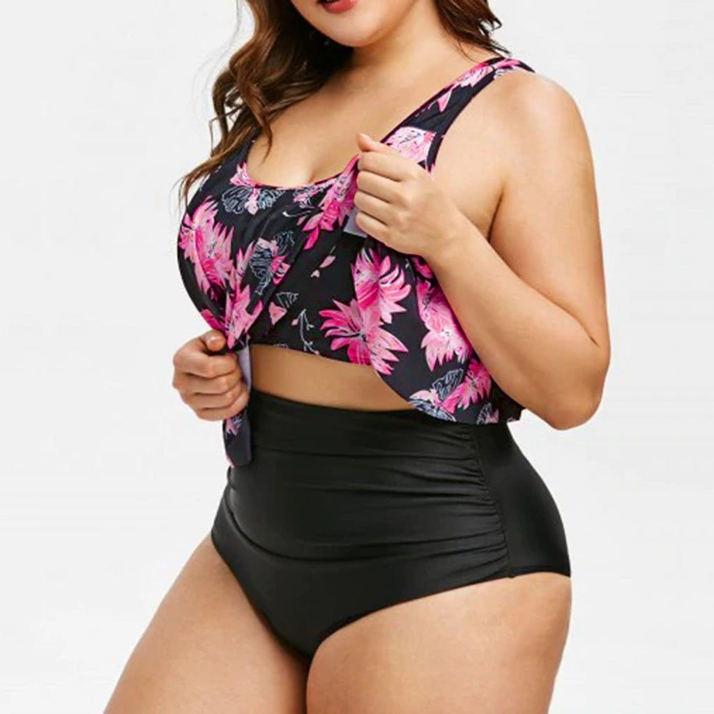 High-Waist Lotus Print One-Piece Swimsuit for Elegant Flair-Theone Apparel