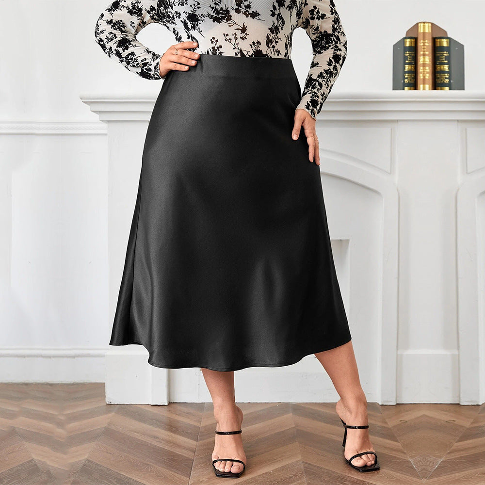High Waist Satin Skirt With Zipper And Flowing Hem-Black-Theone Apparel