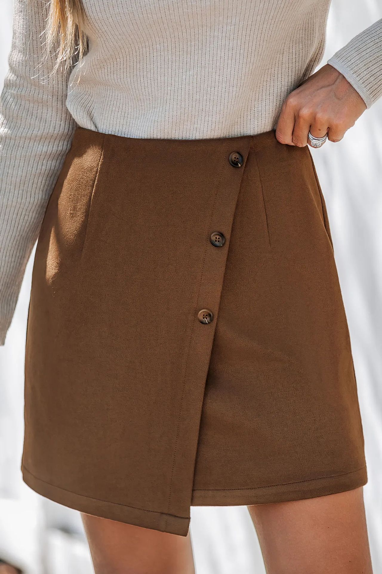 Irregular High Waist Skirt With Zipper And Button Detail-Brown-Theone Apparel