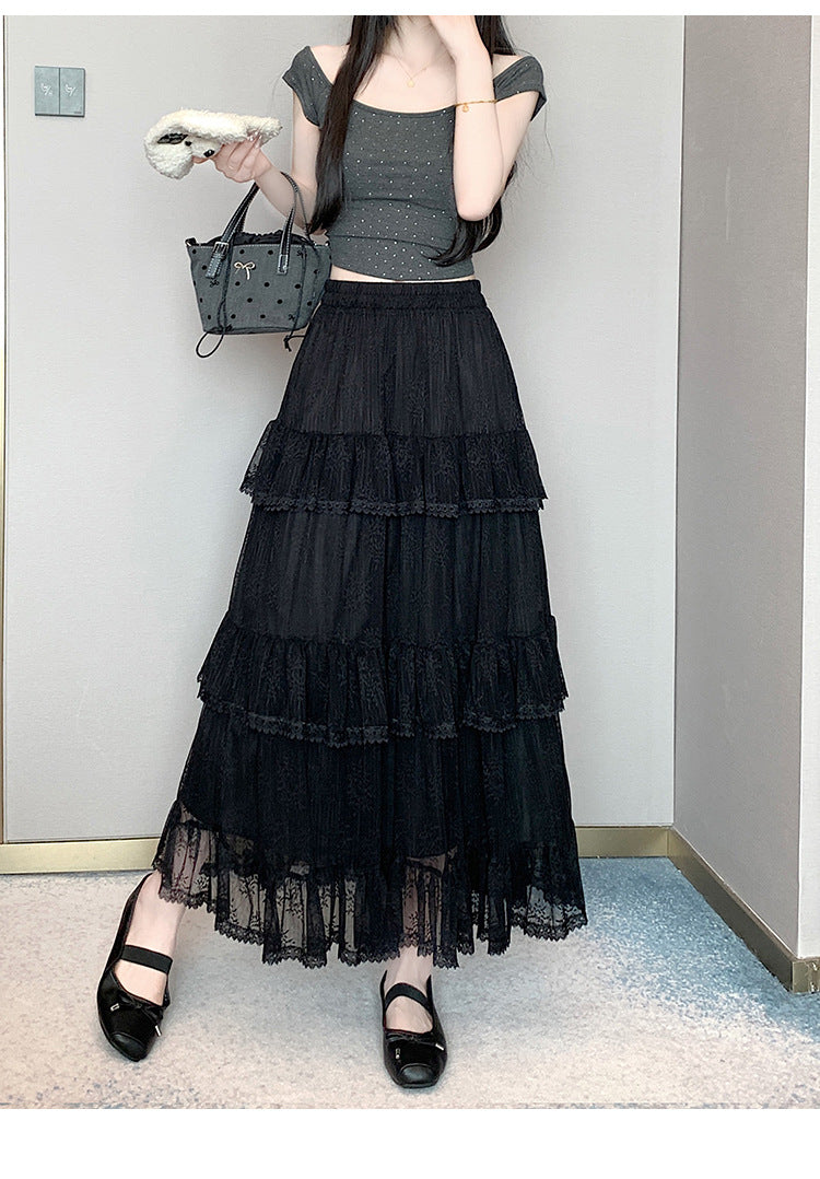 Lace Cake Dress With Net Falbala Bubble Skirt-Theone Apparel