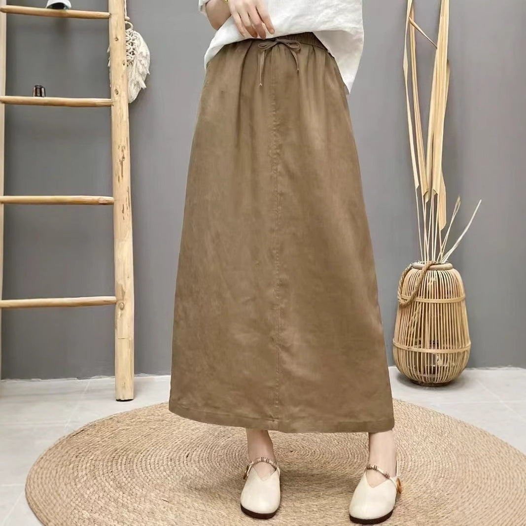 Lace Up Linen High Waist Skirt With Back Slit-Theone Apparel