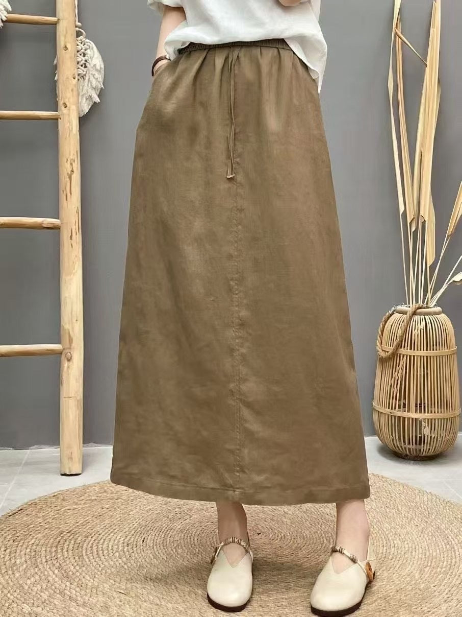 Lace Up Linen High Waist Skirt With Back Slit-Khaki-Theone Apparel