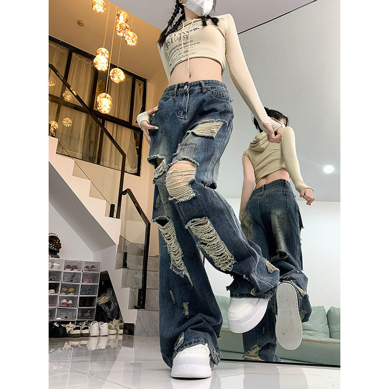 Laid-Back Ripped Loose Jeans with Urban Edge and Attitude-Theone Apparel