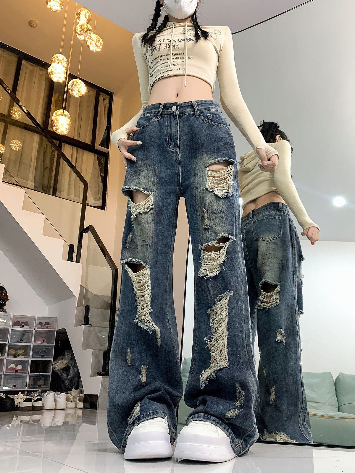 Laid-Back Ripped Loose Jeans with Urban Edge and Attitude-Theone Apparel