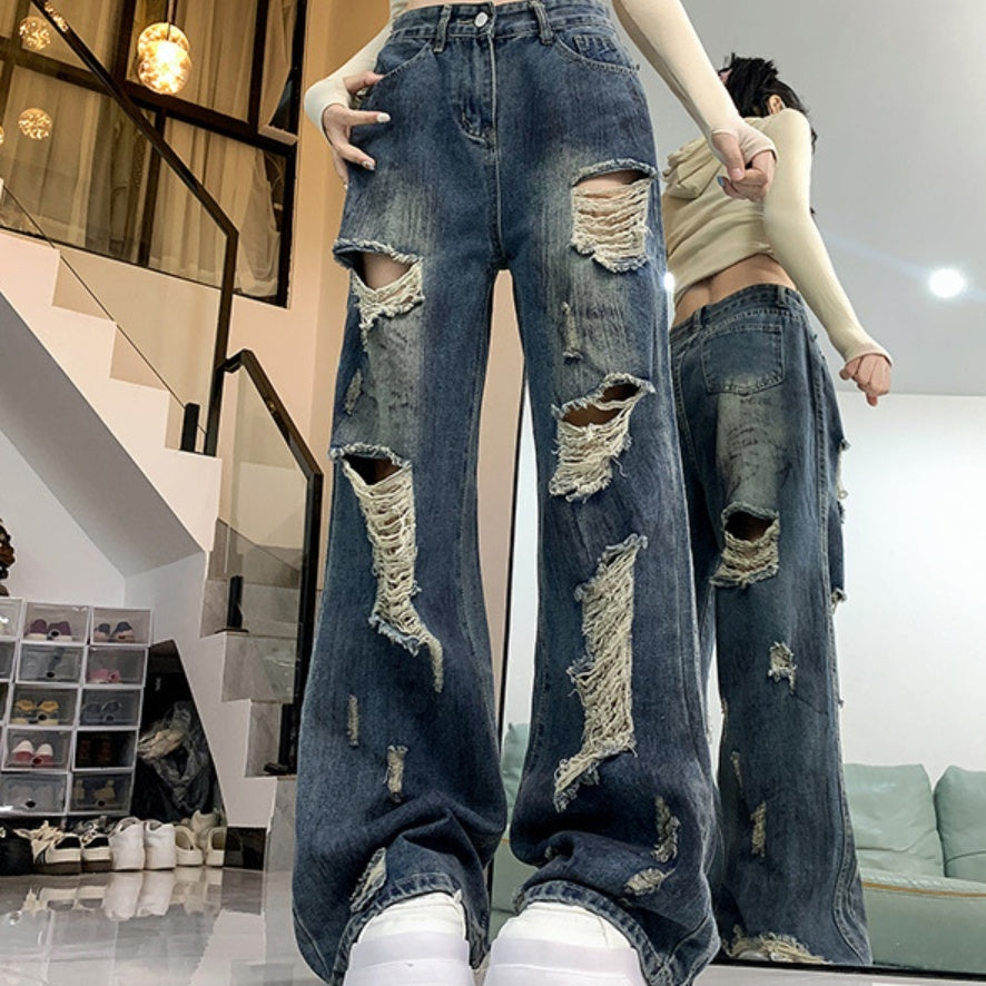 Laid-Back Ripped Loose Jeans with Urban Edge and Attitude-Blue-Theone Apparel
