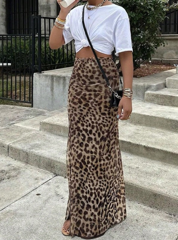 Leopard Print High Waist Skirt For Elegant Bold Looks-Brown-Theone Apparel