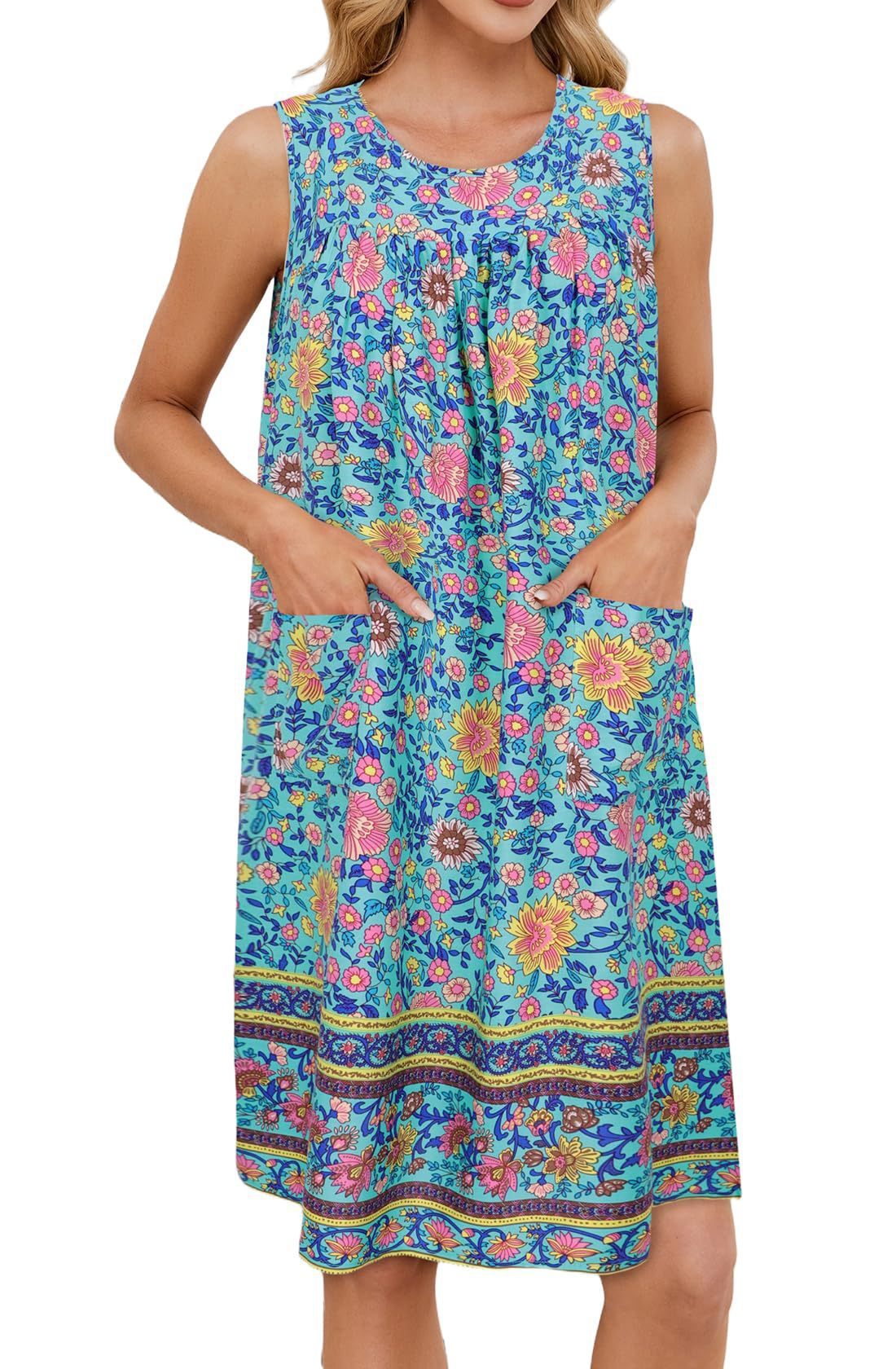 Light Green Floral Dress with Pockets and Chic Vibe-Blue-Theone Apparel