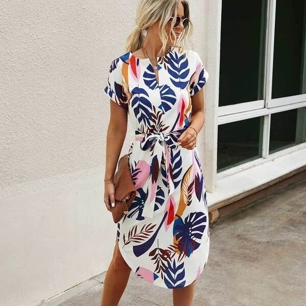 Modern Intriguing Lace-Up Side-Slit Dress with Bold Printed Details-Blue-Theone Apparel