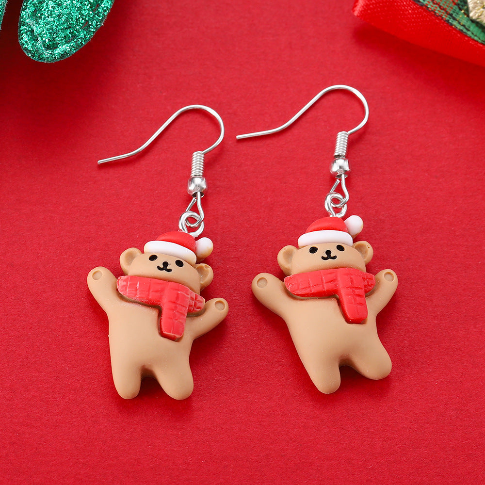 Playful Novelty Fish-Hook Christmas Dangle Earrings for Women & Kids in Assorted Styles-Head Tilt Bear-Theone Apparel