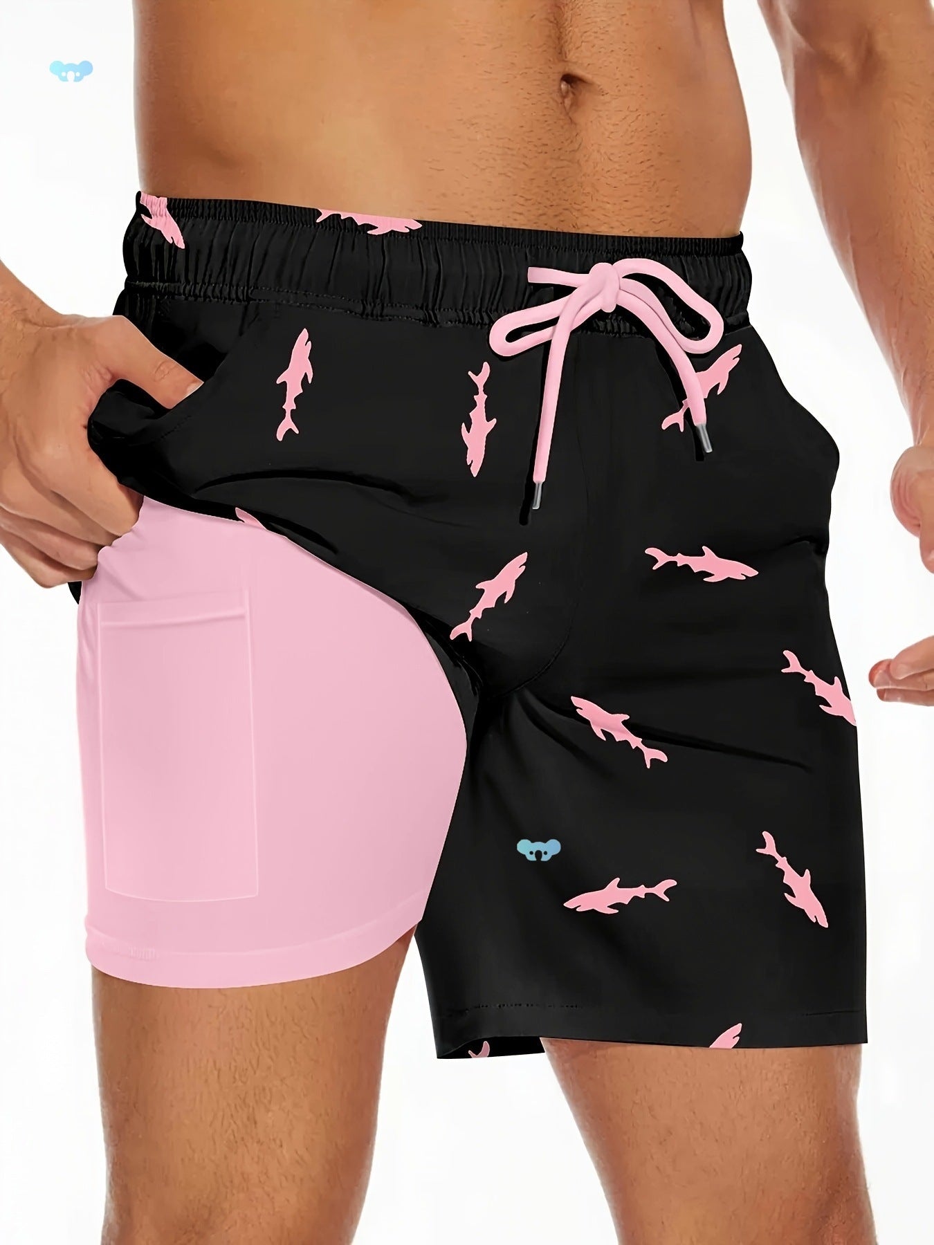 Playful Shark-Illustrated Drawstring Swim Trunks for Beach Fun-Black-Theone Apparel