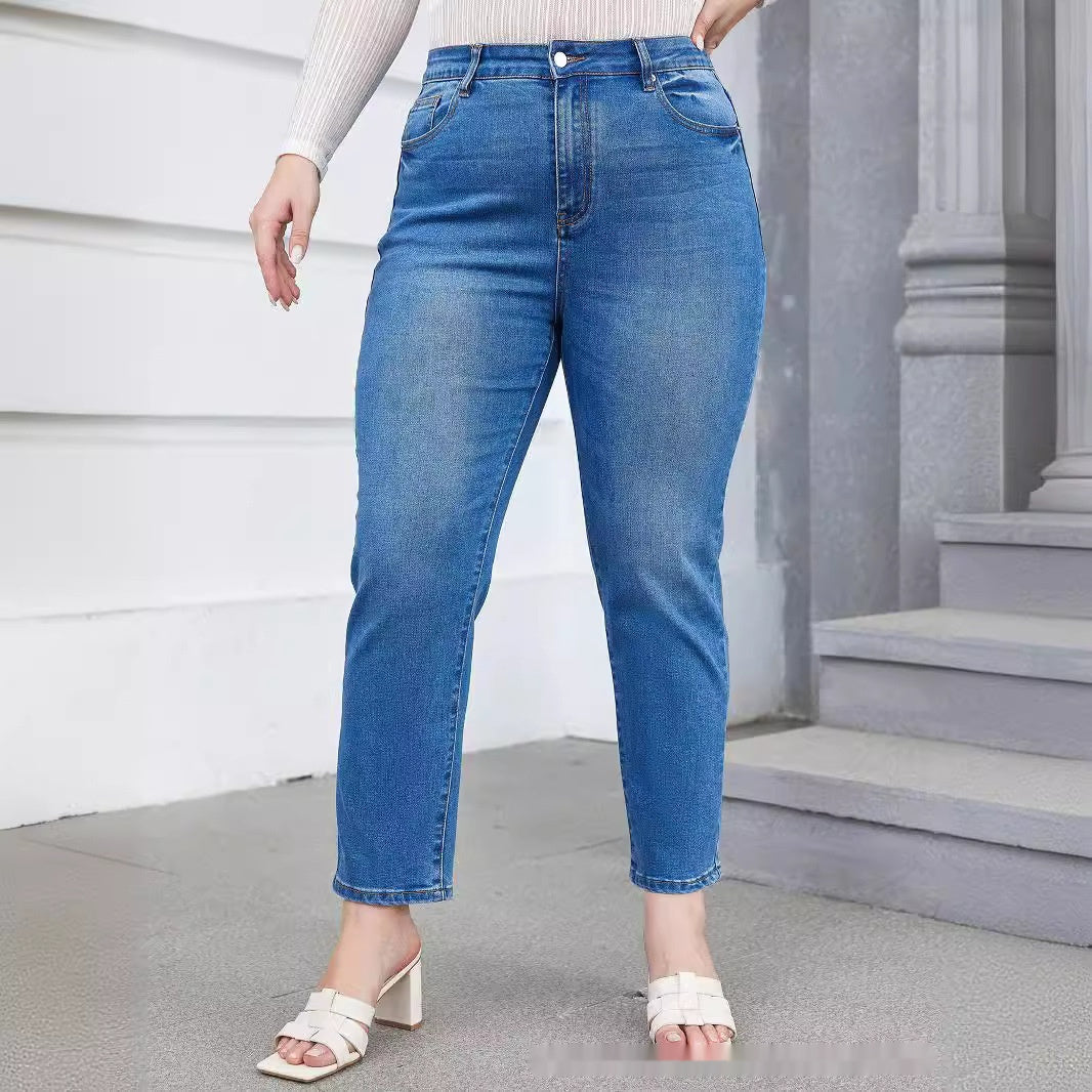 Plus-Size Harem Stretch Jeans with Tapered Silhouette-Blue-Theone Apparel
