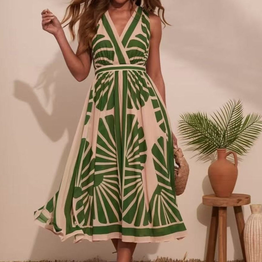 Positioned Print V-Neck Backless Dress for Summer Soirées-Green-Theone Apparel