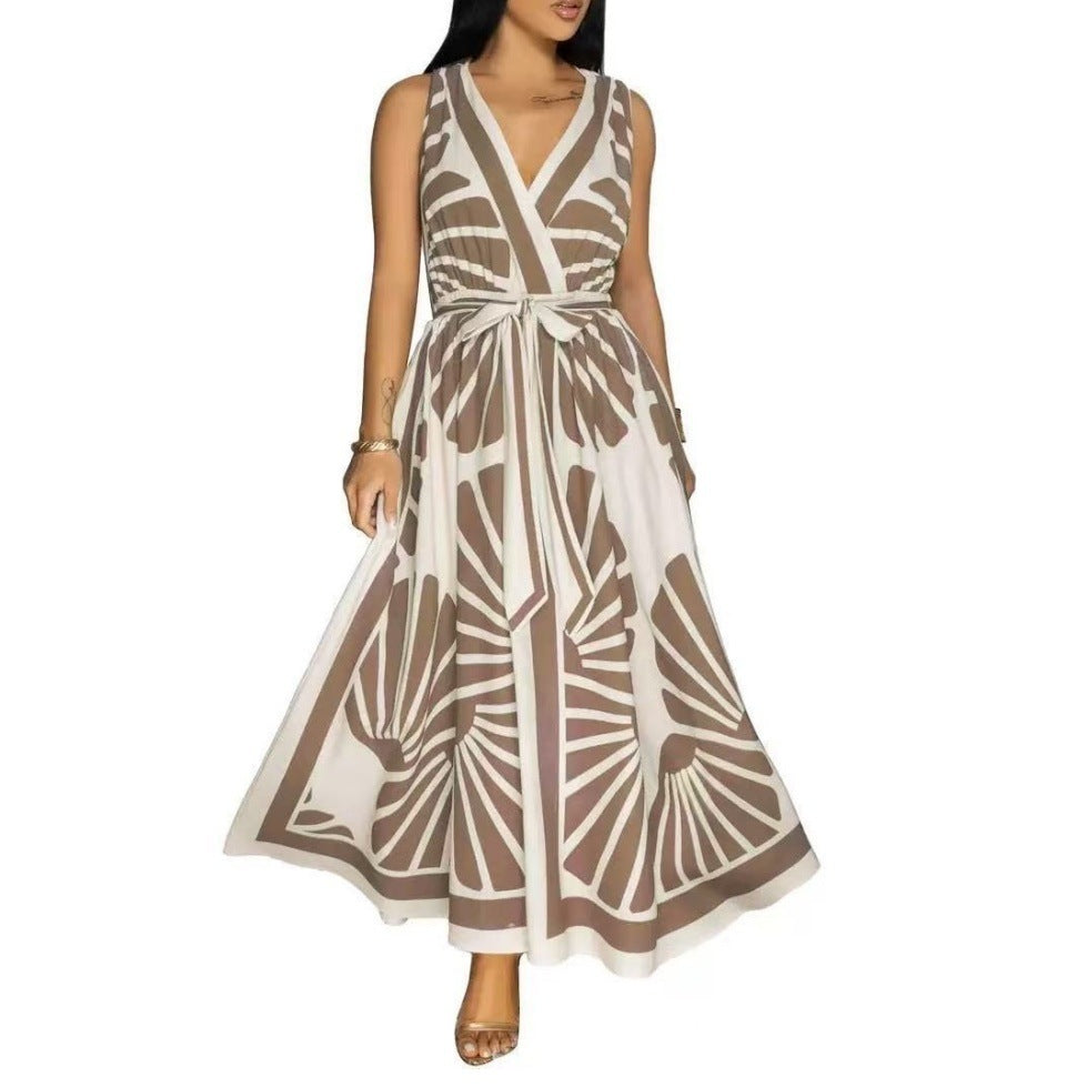 Positioned Print V-Neck Backless Dress for Summer Soirées-Light Brown-Theone Apparel