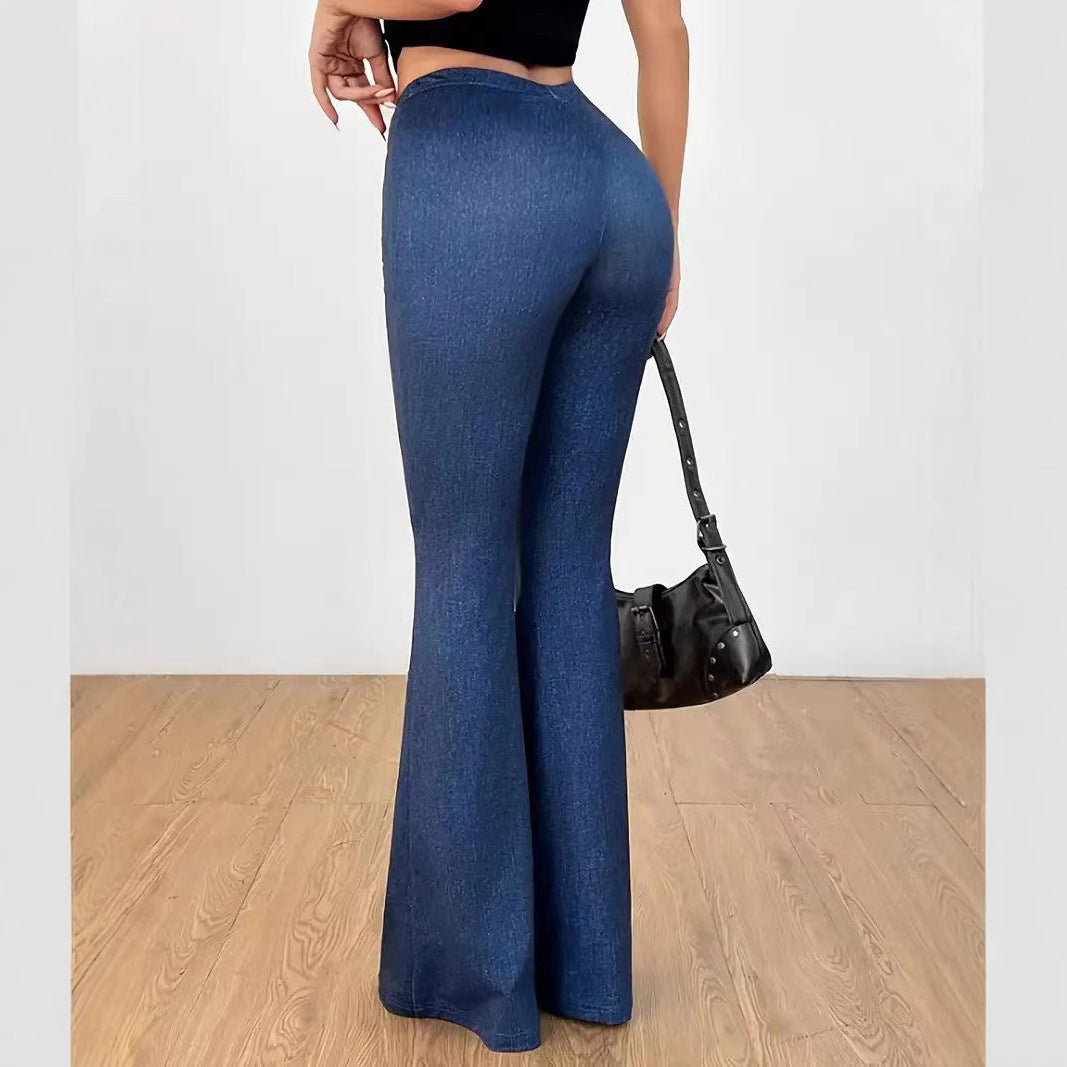 Printed Bell-Bottom Denim Pants with High Waist Fit-Theone Apparel