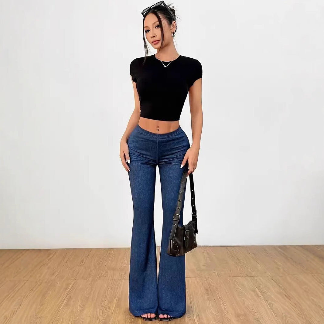 Printed Bell-Bottom Denim Pants with High Waist Fit-Theone Apparel